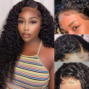 Long Full Lace Human Hair Wigs Black Deep Curly Wave Wig Glueless Natural Daily - Picture 1 of 12