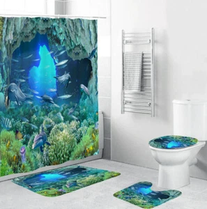 Sea World Duschvorhang Badvorleger Set rutschfest Badematte Toilettendeckel Abdeckung - Bild 1 von 11