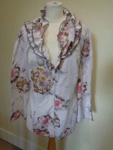 APANAGE WHITE AND MULTI FLORAL PRINT COTTON BLOUSE WITH RUFFLE TRIM - SIZE 16 - Picture 1 of 7