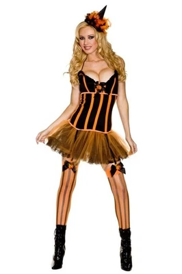 ADULT sexy MUSIC LEGS jack-o-lantern PUMPKIN patch WITCH halloween PARTY costume - Image 1 of 2
