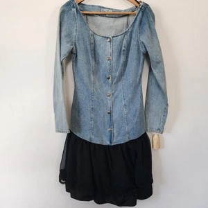 NUEVO CON ETIQUETAS DEADSTOCK 80s Paris Vestido Denim Azul Con Encaje Negro Talla 7 Manga Larga - Imagen 1 de 12