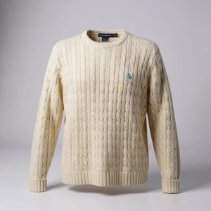 Suéter Ralph Lauren Para Mujer L Amarillo Tejido con Cable Trenzado Cuello Redondo Pullover - Imagen 1 de 4