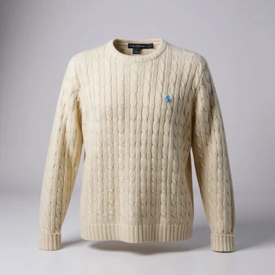 Suéter Ralph Lauren Para Mujer L Amarillo Tejido con Cable Trenzado Cuello Redondo Pullover Foto 1 de 4