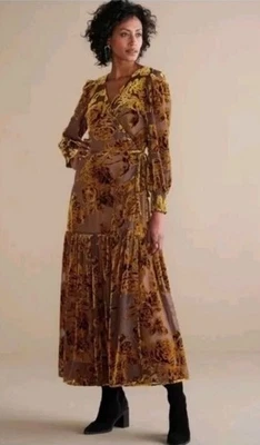 Soft Surroundings Jamila Velvet Maxi Wrap Dress Burnout Gold Floral Sz M Boho - Image 1 of 4