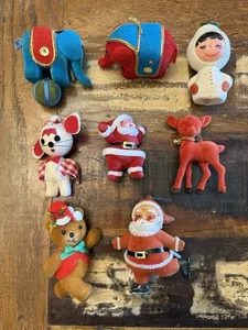 Vintage beflockter Weihnachtsschmuck Weihnachtsmann Bär Hirsch Elefant Maus - Bild 1 von 11