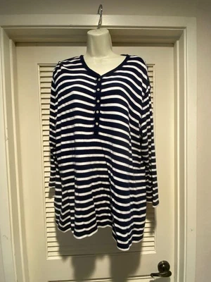 Chaps Henley Tee Long Sleeve Cotton Blend Thermal Black White Stripes 2X, Cute! - Image 1 of 4