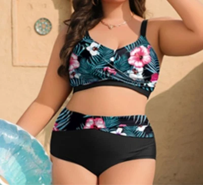 TUOPUDA Womens black & multicolour floral tummy control bikini set Size XL - Image 1 of 2