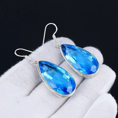Topazio Blu Gemma Orecchini Argento Fatto a Mano 925 Sterling per Lei - Immagine 1 di 4
