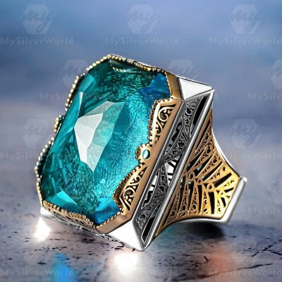 925 Sterling Silver Aquamarine Stone Turkish Huge Men's Ring - Image 1 of 4