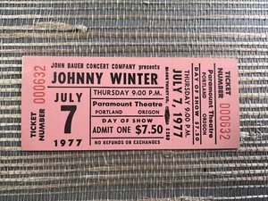 Johnny Winter 1977 unbenutzte Konzertkarte Portland Oregon Paramount Theatre Blues - Bild 1 von 2