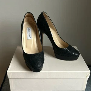 Jimmy Choo Women's Black Glitter Cosmic Platform Pumps Leather Size 38 / 8 $695 - Picture 1 of 12