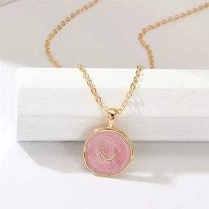 Pink Recumbent Crescent Moon Charm Necklace Gold Chain w/ Celestial Pendant - Picture 1 of 4