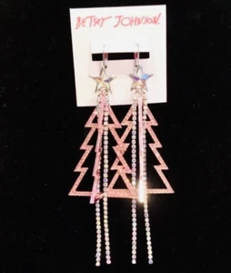 Authentic Betsey Johnson Earrings: Pink Metallic 3-D Tree With Rhinestones NWT - Picture 1 of 12