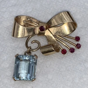 AMAZING VINTAGE 14K YG/RUBY/13 CT AQUAMARINE/DANGLE BOW PIN+APPRAISAL! - Picture 1 of 12