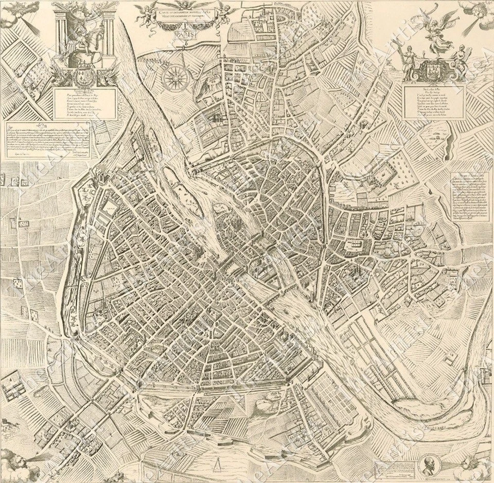 LARGE Paris Map VINTAGE PARIS FRANCE 1609 OLD ANTIQUE STREET STYLE MAP art print - Image 1 of 1