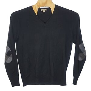 Burberry Brit XL Black 100% Wool Nova Elbow Patch V-Neck Pullover Sweater Men's