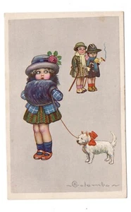 ITALIAN ARTIST SIGNED COLOMBO SCARCE POSTCARD GIRL W/ WHITE TERRIER DOG - Picture 1 of 2