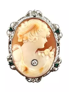 14 Karat White Gold Diamond & Green Stone Cameo Brooch/Pendant #18740 - Picture 1 of 6