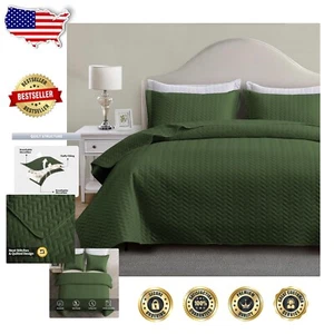 Lightweight Olive Green Twin Quilt Set with Chevron Pattern for All Seasons - Picture 1 of 8