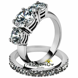 4.17Ct Round Cut 3 Stone Stainless Steel Engagement & Wedding Ring Set Size 5-10 - Picture 1 of 8