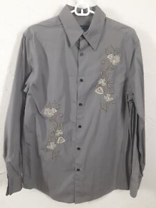 ML Material London Embroidered  Mens Gray Long Sleeve Button Up Shirt