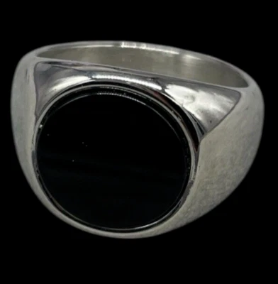 ANELLO UOMO DONNA ACCIAIO INOSSIDABILE PIETRA NERA TONDA COLOR ARGENTO DA REGALO - Immagine 1 di 4