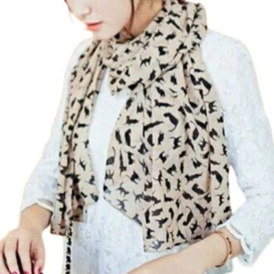 Bufanda larga de gasa rosa negra con estampado de gato envoltura ligera siluetas caprichosas Foto 1 de 4