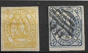 Bolivia 1867-1868 Condors 50c yellowish. MH, tiny thin spot, 50c blue FORGERY - Picture 1 of 2