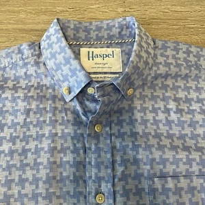 Haspel Dress Shirt Blue Mens Medium Plaid Abstract Houndstooth Business Casual - Picture 1 of 12