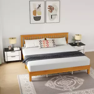 Wood Platform Bed Frame with Headboard King Size Solid Wood Foundation/Wood Slat - Picture 1 of 11