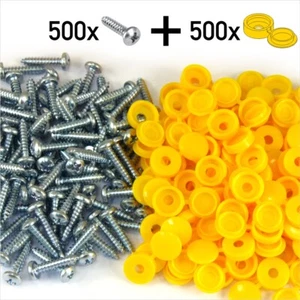 1000 Number plate Car Fixing Fitting KIT Zinc Screws & Yellow hinged cover caps - Picture 1 of 2