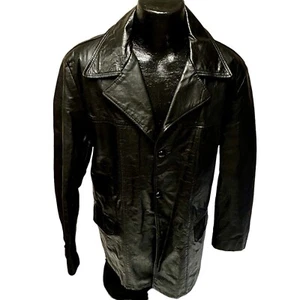 Vtg 70's Men BLACK Leather Sport Coat Carcoat Jacket MoD Retro GENTLEMAN'S 46 L - Picture 1 of 11