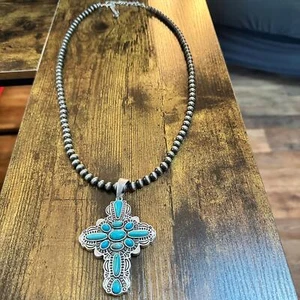Navajo Azteken Türkis Anhänger Halskette 30 Zoll lang mit 8 mm Perlen - Bild 1 von 9