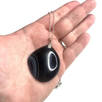 Usado en Excelente Condición Collar de Cadena Esterlina Colgante de Ágata Negra con Bandas 925 Foto 1 de 4