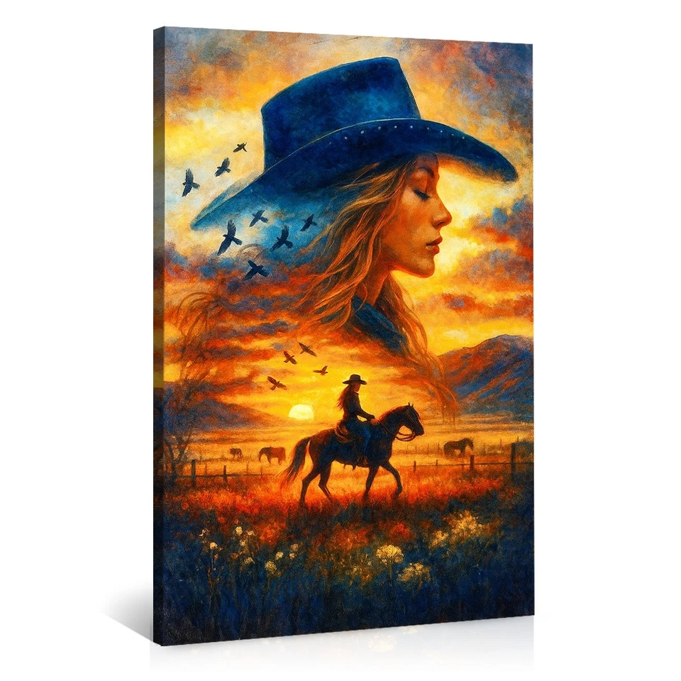 Cowgirl Sunset Canvas Wall Art Poster Western Horse Artwork Decor Print Home