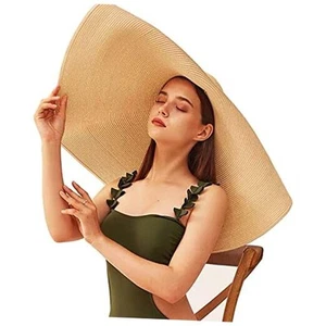 Oversized Beach Straw Hat for Women, Fashion Large Wide Brim Visor Hats Khaki - Picture 1 of 8
