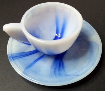 Vintage AKRO AGATE Children's Tea Cup & Saucer Set Blue Slag Glass Demitasse - Image 1 of 4