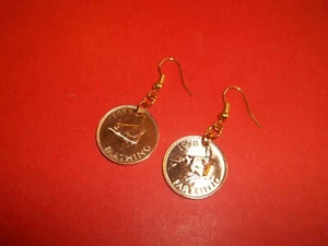 FARTHING COIN DROP EARRINGS - BRONZE & GOLD - WREN - 1939 to 1955 - Picture 1 of 7