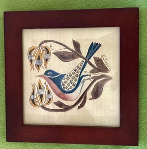 ARTIST Folk-art Watercolor Ink Original ARTWORK blue bird tulip signed Berthels - Picture 1 of 7