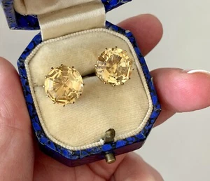 Solitaire Citrine 9ct Gold Earrings, Large Vintage / Antique Studs c 5cts each - Picture 1 of 15