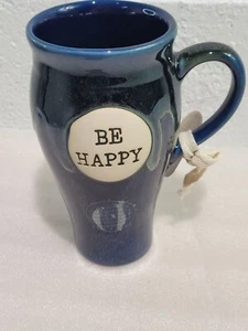 Neu Boston Warehouse handgefertigter handwerklicher Becher 24 Unzen BE HAPPY Tropfglasur blau - Bild 1 von 9