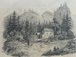 Antiguo dibujo original paisaje, árboles, casa, gente siglo XIX firmado - Imagen 1 de 8