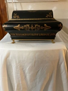 JOHN RICHARD BLACK & GOLD PAINTED FOOTED DOMED LID METAL BOX 12 x 20 x 13 1/2” - Picture 1 of 19