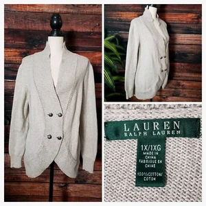 Lauren Ralph Lauren Cardigan Plus Size 1X Sweater Light Gray Double Button Front - Picture 1 of 11