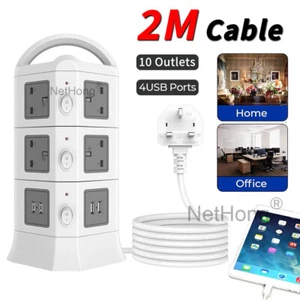 NEW Extension 10 Way Tower Power Lead USB Multi Socket Surge Protected Socket UK - Picture 1 of 15