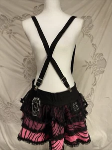 Living Dead Souls Euro Pink Zebra Ruffle Mini Skirt Suspenders Goth Rockabilly L - Picture 1 of 7