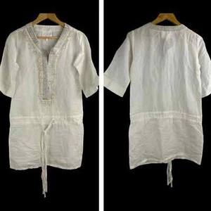 ASHA Plage V Neck Tunic Beaded Top Linen Blend Small White NWT - Picture 1 of 11