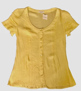 Women's Summer button up blouse top slim yellow short sleeve rayon pleated 6 New - Picture 1 of 8