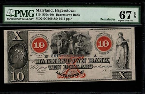 Maryland Hagerstown Bank $10 1850s-60s Remainder PMG 67 EPQ Superb Gem Unc (BJJ) - Picture 1 of 4
