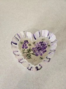 France Reversed Hand Painted Lilac Heart Shaped Scalloped Trinket Dish - Picture 1 of 12